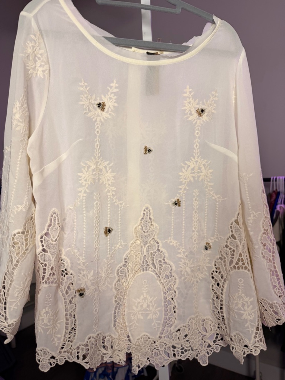 Aratta Cream Sheer Embroidered Lace Blouse